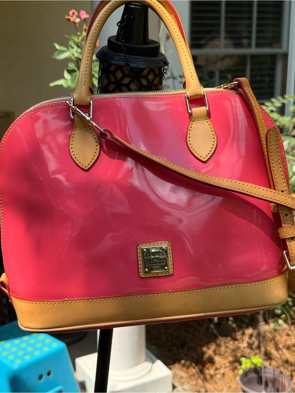 Dooney & Bourke coral Patent Satchel with Tan Trim